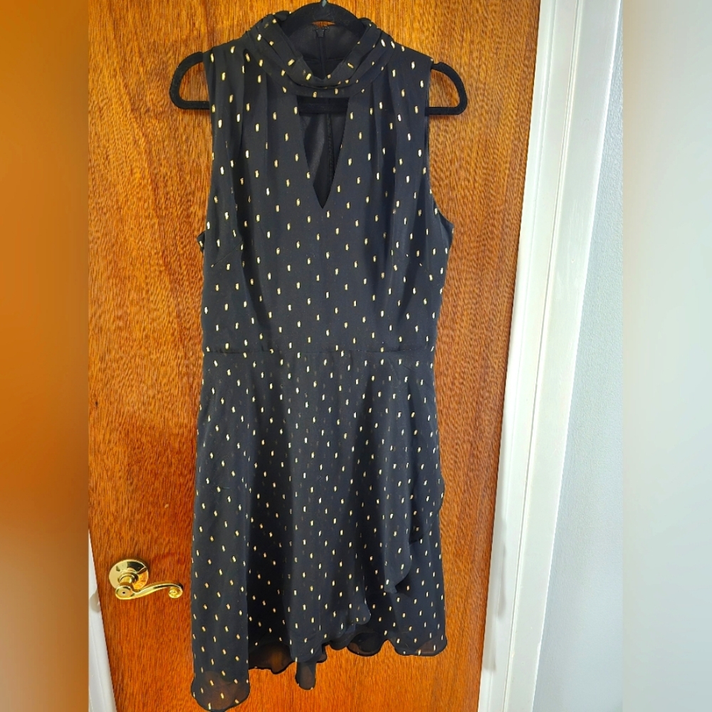 White House Black Market black and gold knee length halterneck dress